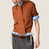 Fabricant de pulls, logo brodé sur mesure, pull en laine fine de luxe pour femmes, manches courtes, avec écharpe intégrée