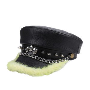 Gorra de Estilo Punk de Cuero con Tachuelas de Calavera y Cadena, Gorro Plano con Ribete de Piel Sintética para Mujer, Gorro Cálido de Invierno Estilo Gótico <span class=keywords><strong>Rock</strong></span> - Product Image 5