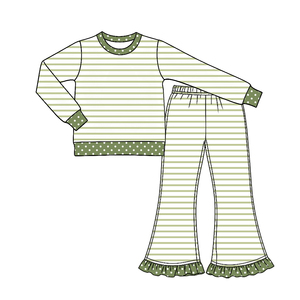 เสื้อเชิ้ตลายทางสีสันสดใสสำหรับเด็กผู้หญิงตัวเล็ก พร้อมกางเกงขาบานระบาย ชุดเซ็ต 2 ชิ้น ขายส่งเสื้อผ้าเด็ก - Product Image 4