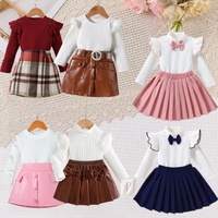 Ensemble de vêtements pour filles, ensemble à carreaux tendance pour filles, haut tricoté à col haut + jupe plissée, ensemble deux pièces, ensemble imprimé nœud