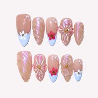 Ongles à presser en acrylique avec motif coquillage irisé et fleurs 3D, forme amande, options de vernis personnalisables, qualité salon, vente en gros