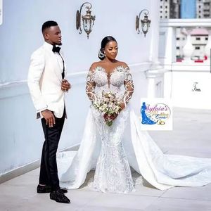 Precio de Fábrica 2025 Nueva Línea Vestido de Novia de Manga Larga Cola de Pez Vestido de Noche con Cola Desmontable Estampado Floral Sin Espalda - Product Image 2