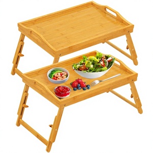 Plateau de service pliable en bambou, table rectangulaire à 2 niveaux pour le rangement des aliments et des boissons à la maison - Product Image 1