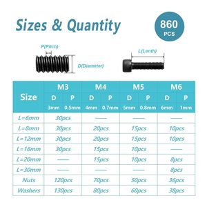 Kit de tornillos hexagonales M3 M4 M5 M6, 860 piezas, acero aleado grado 12,9 para impresora 3D DIY - Product Image 3