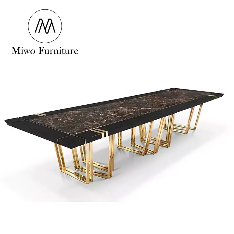 Juego de mesa de comedor de madera maciza antigua, patas de acero inoxidable, encimera de mármol italiana de lujo, muebles modernos para comedor de 12 plazas