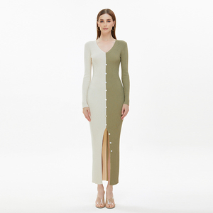 2024 all'ingrosso della fabbrica su misura con cuciture <span class=keywords><strong>Beige</strong></span> verde con scollo a coste lavorato a <span class=keywords><strong>maglia</strong></span> con matita Midi da donna abito Silhouette per l'inverno - Product Image 1