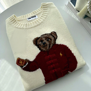 RL/Scan Code Red Envelope Little Bear 26 <span class=keywords><strong>Pull</strong></span> en laine tricoté pour <span class=keywords><strong>femme</strong></span>, style coréen hiver, avec broderie motif dessin animé - Product Image 1