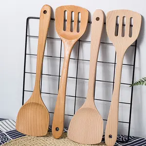 Nouvel arrivage Tourneur à fente à long manche Ustensiles de cuisine Spatule en hêtre Tourne-crêpes en bois