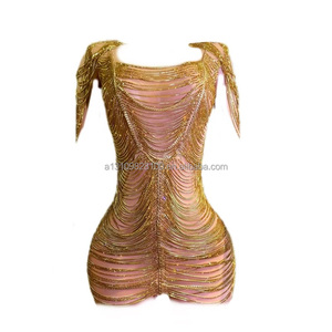 Cuerda dorada Cadena de lujo Diamante Hip Wrap Falda corta sexy Cantante Chica Grupo Canción Vestido Baile Discoteca Bar Traje de actuación - Product Image 1