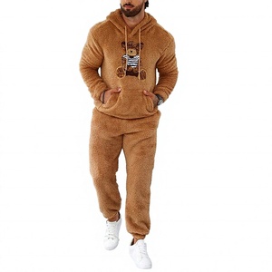 Ensemble de survêtement unisexe marron en polaire respirant et écologique avec applique ours, tenue décontractée à manches longues pour l'hiver - Product Image 1