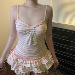 Top camisole à volants en dentelle rayée douce française, nœud court, style A-line, froncé, sans manches, débardeur doux, décontracté d'été, streetwear pour femmes - Product Image 3