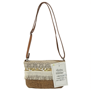 Sac bandoulière carré en PU avec franges en coton, dentelle et sequins, 26x17cm - Product Image 1