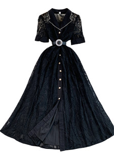 Abito Elegante in <span class=keywords><strong>Pizzo</strong></span> Stile Francese con Colletto, Vestito Basico da Donna Primavera Autunno con Fibbia <span class=keywords><strong>di</strong></span> Perle in Vita, Gonna Lunga Elegante - Product Image 5