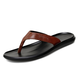 Tongs en cuir véritable marron avec semelle EVA antidérapante, tongs classiques d'été pour hommes - Product Image 1