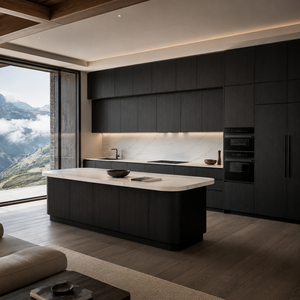 Mobili da <span class=keywords><strong>Cucina</strong></span> di Design Moderno Francese in Lacca Nera Opaca Personalizzati, Isola Curva con Illuminazione LED, in Compensato, per Appartamenti, Garanzia 5 Anni - Product Image 5