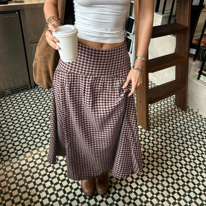 Falda midi de mujer con estampado de cuadros, cintura alta, dobladillo acampanado fruncido, estilo línea A para atuendos vintage y casuales - Product Image 4