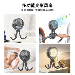 Ventilateur de poussette pour bébé Octopus USB, petite brise douce et silencieuse, batterie 12H, moteur sans balais, blanc noir JF-SF-8000 - Product Image 2