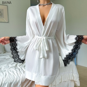 Set <span class=keywords><strong>Camicia</strong></span> <span class=keywords><strong>da</strong></span> <span class=keywords><strong>Notte</strong></span> e Vestaglia <span class=keywords><strong>da</strong></span> <span class=keywords><strong>Donna</strong></span> Personalizzabile con Logo, in Raso a Maniche Lunghe, Scollo a V, Asciugatura Rapida, Vita Elastica, per Casa e <span class=keywords><strong>Notte</strong></span> Estiva - Product Image 1