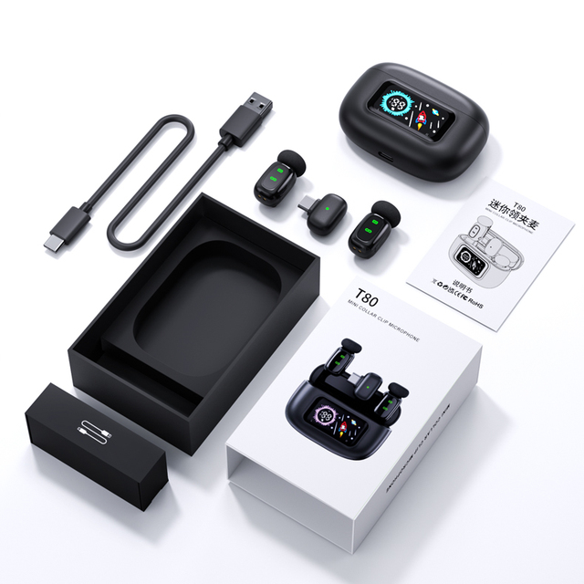 T80 Portable Mini Wireless Lavalier Microphone with Noise Reduction Wind Muff for Live Streaming Videos Interview Recording