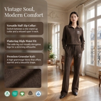 Ensemble de survêtements amples et décontractés en laine pour femmes, col rabattu, pull d'hiver à motif uni, tenue quotidienne, vente en gros