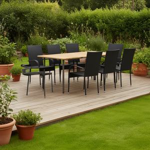 Ensemble de salle à manger en bois d'acacia massif noir 8 places, mobilier de jardin extérieur résistant aux intempéries, style contemporain - Product Image 2