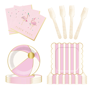 Fournitures de fête d'été DAMAI, ballon de plage à rayures roses et blanches, assiette avec flamant rose, vaisselle jetable, serviettes en papier, gobelets, assiettes - Product Image 5