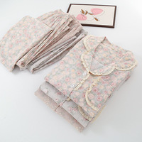 Pyjama en pur coton respirant pour femme, ensemble cardigan à manches longues et pantalon long en gaze florale, style pastoral, pour la maison, printemps-automne