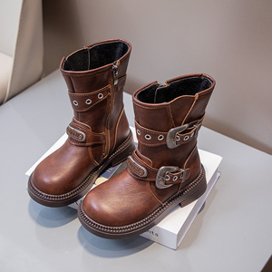 Botas Vaqueras de Otoño para Niñas con Botones Metálicos, de Cuero PU, Punta Redonda, Cierre de Cremallera, Zapatos Cortos para Niños, Botas de Moda Infantiles - Product Image 4