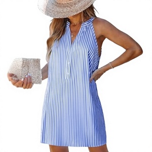 Vestido playero de verano a rayas para mujer, sin mangas, con cuello en V, botones al frente, mini vestido tipo A, informal, para resort, multicolor - Product Image 3