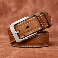 Sabuk Kulit Sapi Vintage Berkualitas Tinggi 3.8CM, Desain Trendi, Sabuk Kulit Asli untuk Pria, Gesper Jarum, Sabuk Jeans Pria, Sabuk Jahit