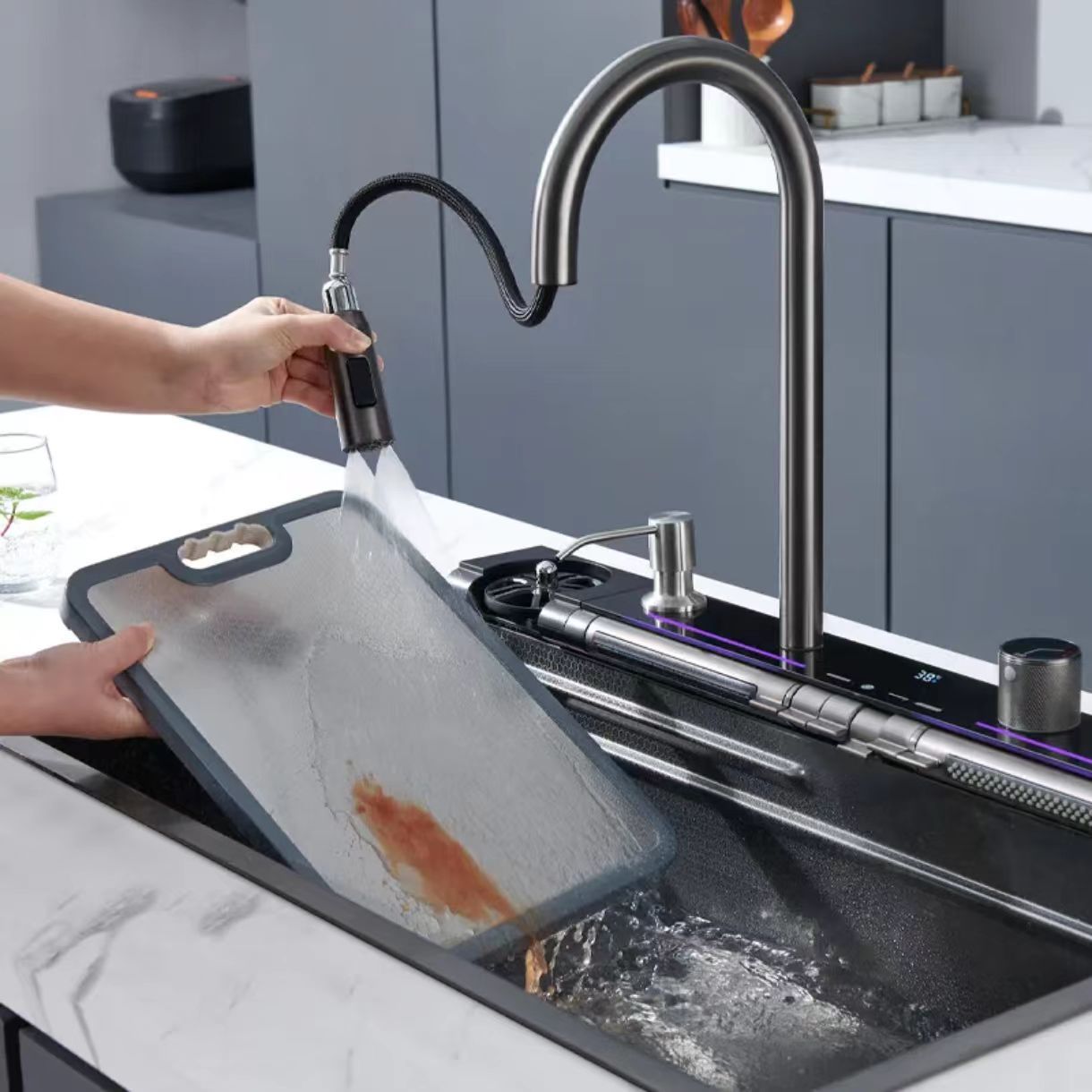 Smart Kitchen Sink with High Pressure Cup Washer Waterfall Faucet DigitalTemperature Display Nano Gray Workstation Sink · image 4