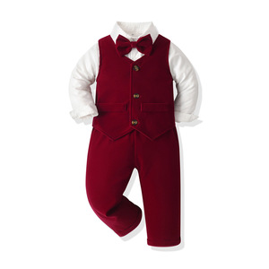 Ensemble de costume 3 pièces pour enfant en velours vert, avec <span class=keywords><strong>gilet</strong></span>, chemise à manches longues, pantalon et nœud papillon, idéal pour mariage, fête ou séance photo - Product Image 3
