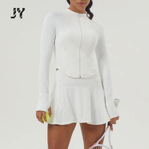 Joyyoung set rok wanita, 2 potong pakaian lengan panjang Zip atasan Crop lipit rok Mini pakaian tenis luar ruangan - Product Image 5