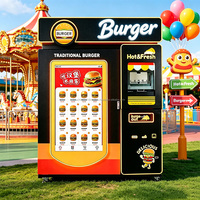 Distributeur automatique de hamburgers instantanés, sans attente, avec écran tactile, fonctionnement 24h/24 et 7j/7, et système de change de monnaie.