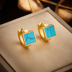Geometric Square Turquoise Huggie Earrings Gold Stainless Steel Bezel Setting Fashion Stud Earrings - Product Image 1