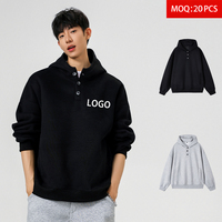 Hoodie Henley Unisex 320GSM Musim Gugur Tiga Kancing Saku Samping Sweatshirt Polos Sablon Logo Custom Drop Shoulder Oversized