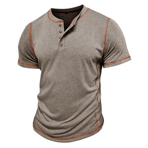 T-shirt Henley da uomo a maniche corte in cotone, modello 2026 estivo, stile vintage, vestibilità ampia e traspirante, per il commercio estero transfrontaliero - Product Image 3