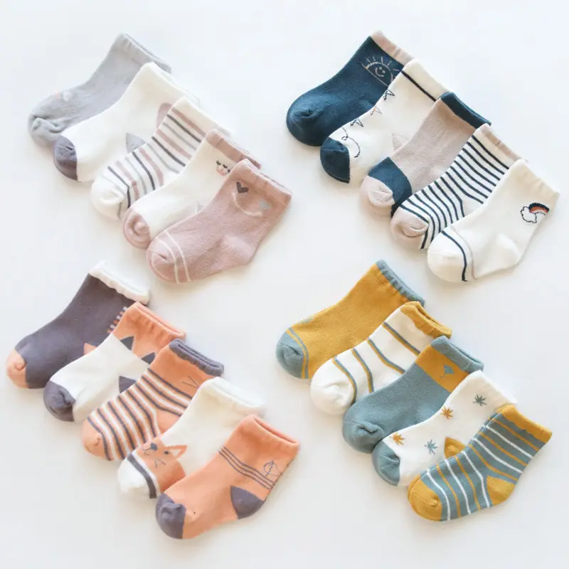 Lot de 5 paires de chaussettes pour nouveau-né de 6 à 12 mois, chaussettes en coton peigné à Tube moyen de dessin animé pour garçons et filles