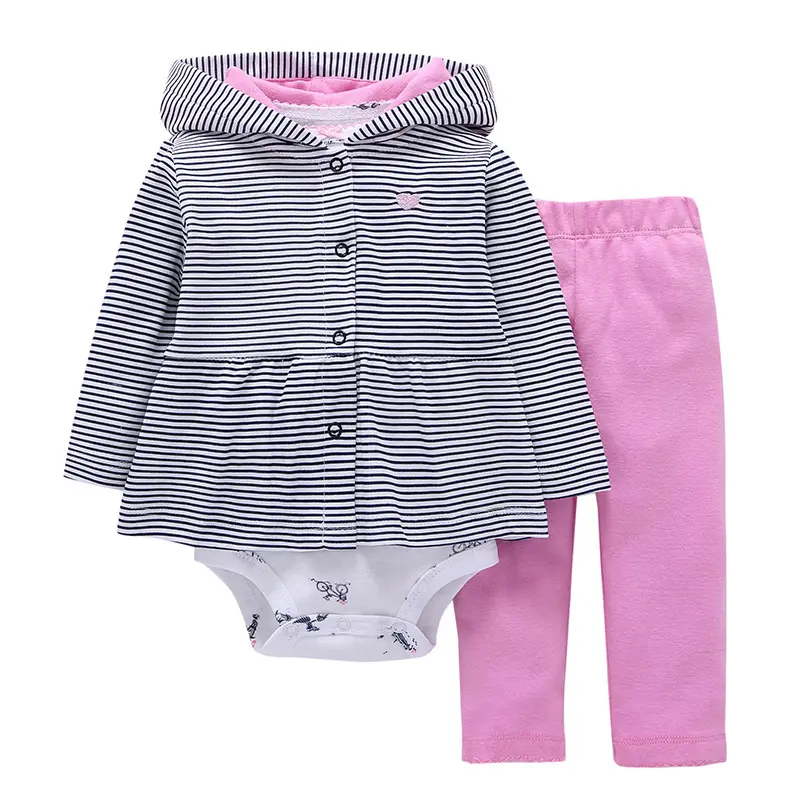 Wholesale Fashion Children Boys Girls Cotton Hooded Long Sleeve Jacket/Romper/Pants 3pcs Set Kids Clothing Sets Baby Clothes