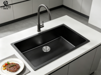 ADLONE 75*45CM 80% Quartz & 20% Résine Évier simple de haute qualité résistant aux rayures à poser sur le comptoir Noir pour salle de bain et cuisine