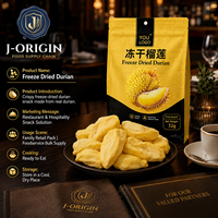 Snack de durian lyophilisé 32g, chips de fruits tropicaux premium, prêt à consommer, vente en gros, fournisseur OEM, marque privée, durée de conservation de 12 mois