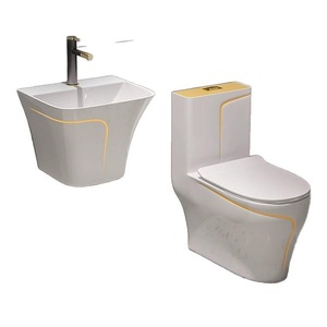 Inodoro de Cerámica de Lujo de Una Pieza, Color Blanco y Dorado, con Doble Descarga, Moderno, para Baño, Línea Dorada - Product Image 5