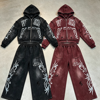 Ensemble de survêtement personnalisé de haute qualité, coupe oversize, en coton épais, avec sweat à capuche zippé et pantalon de survêtement, effet délavé soleil, pour homme, style déchiré