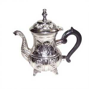 New Arrival Custom Made Silver-Toned Engraved Arabic Brass Teapot Black Handle Ornate Detailing Eco-Friendly Durable Portable - Product Image 1