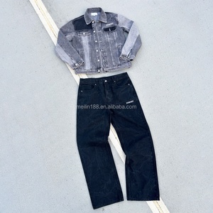 New Arrival Custom Patchwork Washed Denim Jacket and Jeans <b>Pants</b> Set Heavyweight 14 Oz Jogging Suit Jeans Denim Set - Product Image 1