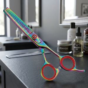 Ciseaux à cheveux Rainbow à 28 dents, à pointe arrondie, en acier inoxydable, à long manche, pour droitiers, ciseaux de barbier professionnels - Product Image 2