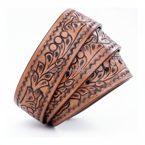 Cinturón de cuero grabado occidental de grano completo resistente, cinturón de vaquero occidental con estampado floral con cambio de hebilla de botón a presión - Product Image 1