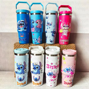 Mini gobelets isothermes en acier inoxydable pour enfants, motif Stitch, avec logo laser personnalisé, poignée et paille - Product Image 4