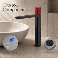 Keran Wastafel Kamar Mandi Hitam Poles, Tuas Tunggal, Tinggi, Model Vessel Sink, Terpasang di Dek, Inti Katup Keramik Merah