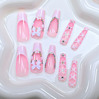 24 Uñas Postizas de Color Rosa con Diseño de Flores Francesas, Uñas de Ballet Largas con Forma de Ataúd, Cobertura Completa, Uñas Postizas con Lazo, Punta de Uña Artificial